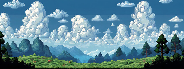 A pixel art background depicting a clear blue sky with fluffy clouds, suitable for a platformer or adventure game, Cloud pixels
