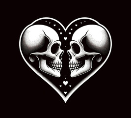 Poster - love to death, two skulls in one heart