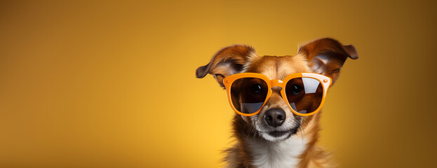 Wall Mural - Dog wearing sunglasses. Happy dog with sunglasses. Portrait of smiling dog wearing sunglasses. Happy pet concept