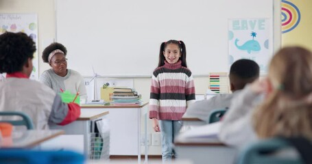 Aufkleber - School, education and child talking in classroom for lesson, learning and oral assessment. Presentation, students and kids listen to girl for public speaking, speech development and show and tell
