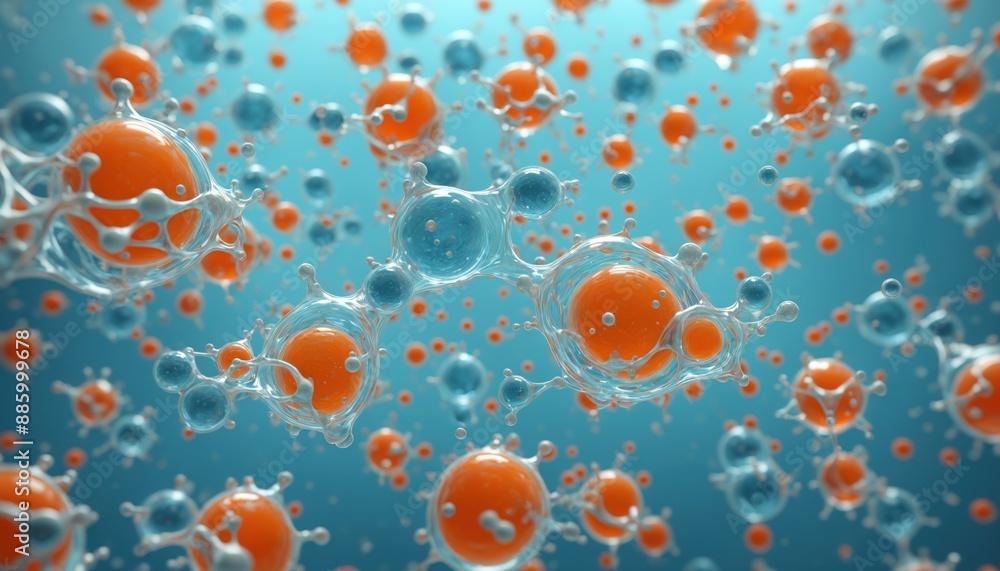 Orange spheres floating in a blue liquid. Their unique shapes, with ...