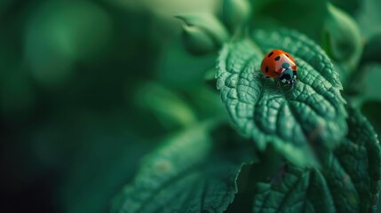 Canvas Print - Small red-orange ladybug on a green leaf