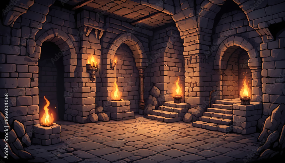 Illustration of a pixel art dungeon background with stone walls ...
