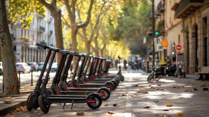 Electric scooters are widely available for rent in European city centers. They are often parked outside public transportation hubs.