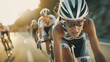 © HikikomorAI - Dynamic Female Cyclist Conquers Sunny Road in Professional Gear with Sleek Helmet and Aerodynamic Sunglasses, Copy Space.