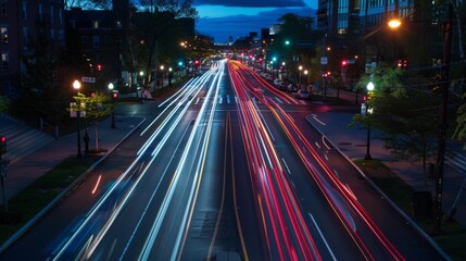 Poster - Headlights of vehicles traveling at night, creating streaks of light due to the extended exposure time of the camera.