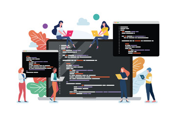 People with coding on laptop screen