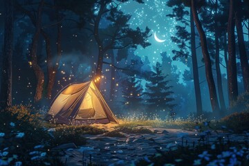 Magical scene of an illuminated tent camping under a starry sky with fireflies in a forest