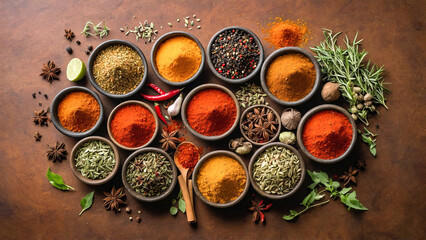 Wall Mural - Knolling arrangement of different spices and herbs on a kitchen counter