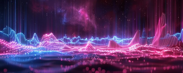 Wall Mural - abstract landscape with neon light and glowing particles.