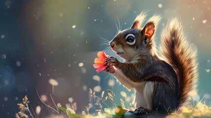 Wall Mural - Squirrel with a flower