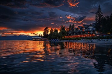 Wall Mural - Tranquil Lakeside Resort Bathed in the Warm Glow of Sunset