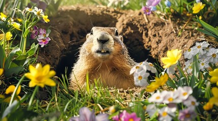 Wall Mural - Adorable smiling groundhog emerging from burrow