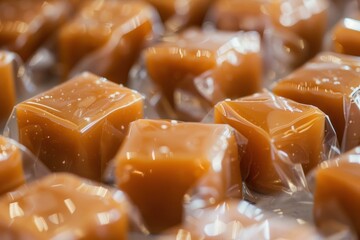 Sticker - Close up of caramel candies wrapped in plastic for sale at a candy store