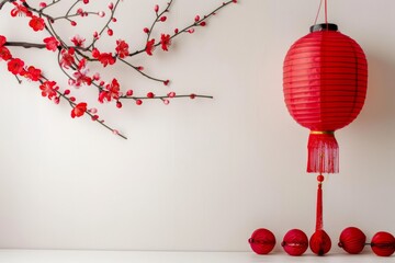 Wall Mural - White background with red plum blossoms and lanterns.