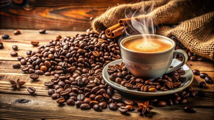 Wall Mural - Rich aroma emanates from freshly roasted coffee beans scattered around a warm, inviting, creamy-colored cup on a rustic wooden table.