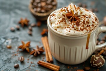 Wall Mural - Steaming cup of coffee topped with whipped cream, cinnamon, and star anise creating a cozy atmosphere