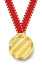 Gold medal Realistic shiny with red ribbon. Champion golden trophy award with shadow. glossy gold coin Prize in sport for winning first place in competition vector illustration isolated on white.