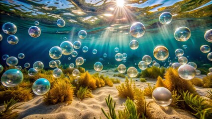 Canvas Print - Perfectly captured underwater scene of iridescent bubbles rising slowly from the sandy ocean floor amidst gentle seaweed sway.