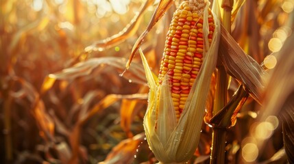 Wall Mural - Golden corn on a sunlit fuzzy field background