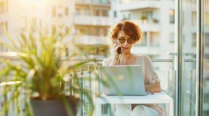 Woman working on a laptop and talking on the phone on a sunny balcony with plants, combining work with a relaxed, outdoor environment.