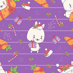 Wall Mural - Christmas seamless pattern with cute bunny in Santa hat with gift ang carrot on purple background with holly and caramel. Christmassy kawaii animal character. Vector illustration. Kids collection