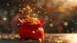 © ShinneProject - 3D scene where a red cartoon festive bag is being opened to expose a gleaming gold ingot, emphasizing prosperity and celebration