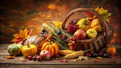 Wall Mural - Thanksgiving cornucopia overflowing with harvest bounty, perfect for expressing gratitude , Thanksgiving, cornucopia, harvest