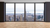 Panoramic view of city skyline from modern high-rise floor-to-ceiling windows, highlighting urban architecture and spacious living area.