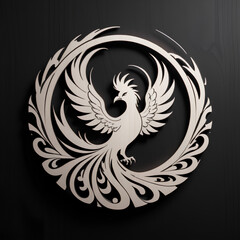 A majestically reborn phoenix emerges from swirling ashes in the design of a round black and white logo