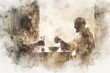 © Pete - Biblical scene of wedding at Cana with figures seated at table, wine glass and bowl of soup. Minimalist watercolor painting style with beige color palette and ethereal atmosphere.