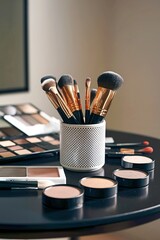 Canvas Print - Makeup brushes and shadows on a black table