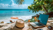 © Studios - Summer break on laptop notebook computer office job work holiday or vacation concept weekend travel rest and relax on the beach day off desk workplace