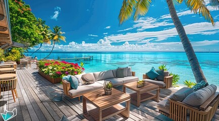 Wall Mural - a luxurious tropical deck overlooking crystal-clear ocean water, furnished with comfortable seating 