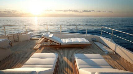 Wall Mural - a luxury yacht deck at sunset, featuring comfortable lounge chairs and a serene ocean view, creating