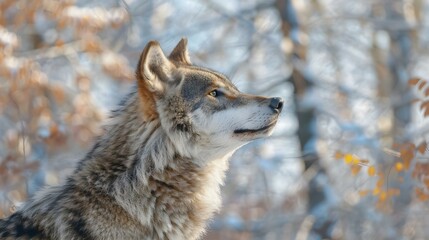 Wall Mural - Grey Wolf (Canis lupus) in the forest looking up