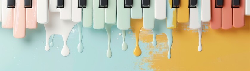 Close-up of piano keys transitioning into a painterly explosion of colors, musical symbols, and dynamic brush strokes