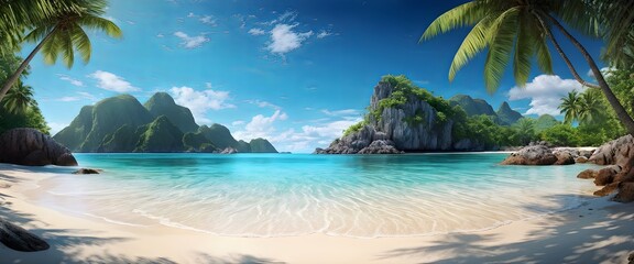 Tranquil tropical beach with clear turquoise water under sunny blue sky. Generative AI