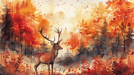 Wall Mural - Watercolour illustration of deer in autumn wood