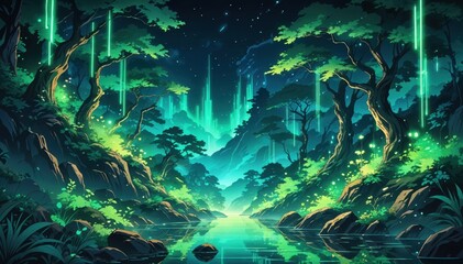 Wall Mural - A mesmerizing forest at night illuminated by vibrant green lights cascading from the sky. The serene scene features towering trees, a reflective river, and a starry night sky. Anime art style