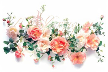 Wall Mural - Pink roses and wildflowers form a beautiful floral arrangement on a white background