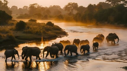 Wall Mural - Large elephant herd crossing Luangwa river in Zambia