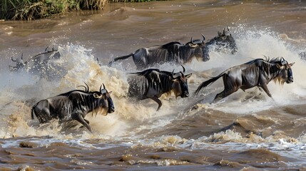 Wall Mural - Wildebeests crossing the Mara River during the Great Migration