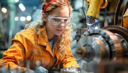 Wall Mural - In a factory, a woman is operating a machine while wearing safety glasses for personal protection