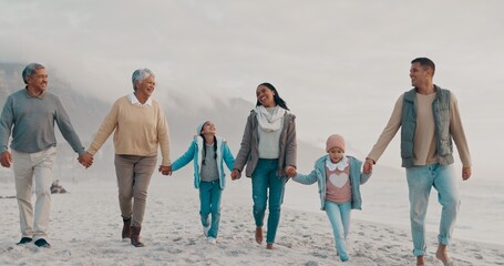 Canvas Print - African family, holding hands and ocean holiday with happiness or wellness, together for travel with support. People, beach and chain on vacation with love or trust, smile for freedom in Costa Rica