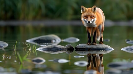 Wall Mural - Beautiful red fox standing on stones