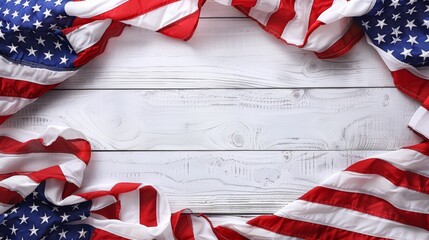 American flags against white wooden background. Flat lay with copy space. Happy Independence Day. July 4.