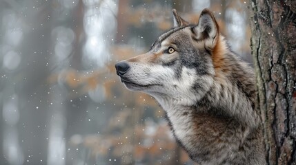 Wall Mural - Grey Wolf (Canis lupus) Between Trees Looking Up