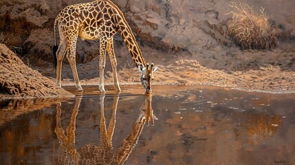 Wall Mural - Southern giraffe drinking water