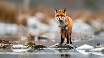 Wall Mural - Beautiful red fox standing on stones